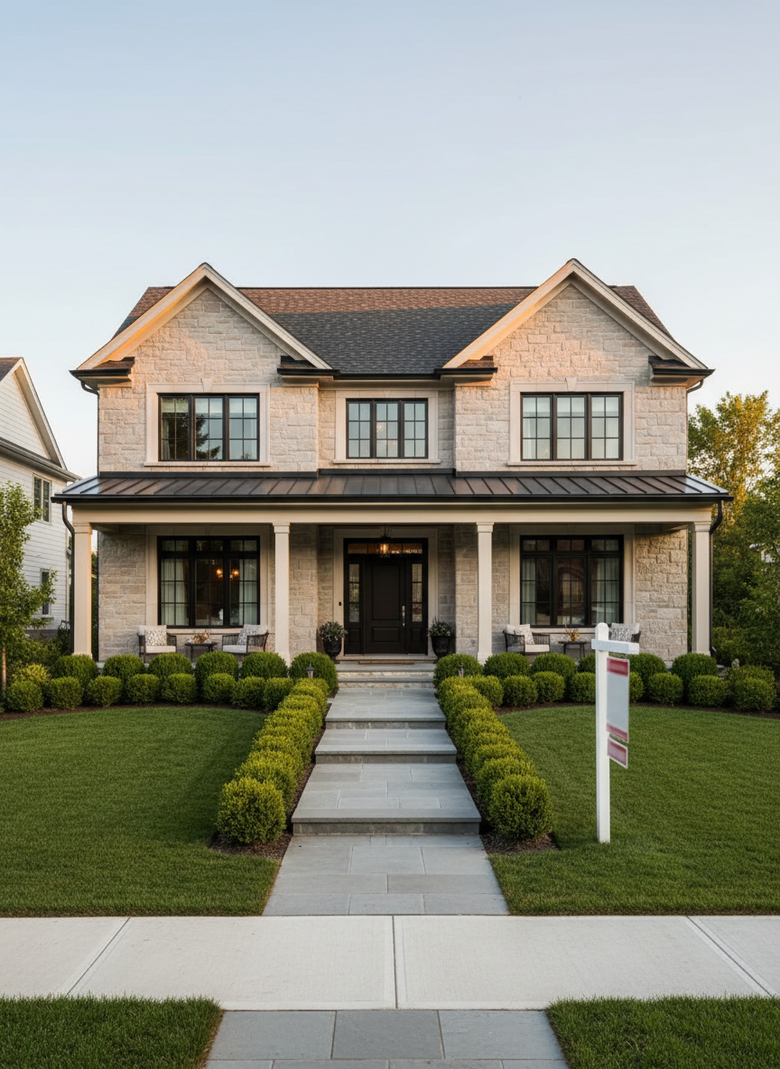 An elegant suburban two-story home in North America with light stone façade, black-framed windows, and a wide, inviting front porch, captured at golden hour. In the foreground, a pristine pathway leads from the sidewalk to the front door, flanked by manicured shrubs and a lush green lawn. A tasteful, generic “sold” style sign stands near the curb without readable text or logos, symbolizing successful buying and selling. Warm sunlight washes the scene, casting long, soft shadows and a welcoming glow. Photographic realism, slightly elevated angle, balanced composition, crisp detail, calm and aspirational mood, ideal for a professional real estate and mortgage website.