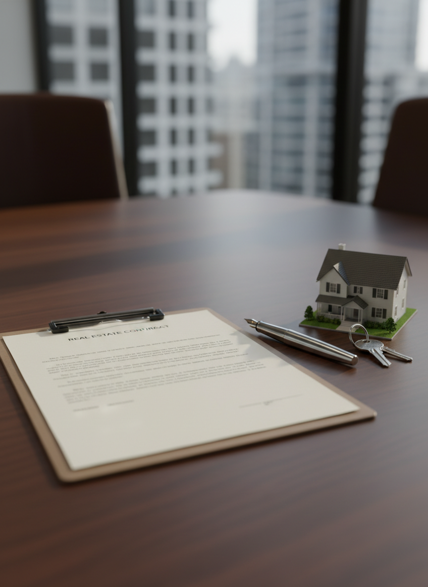 A detailed close-up of a tidy real estate closing setup on a dark walnut conference table: a blank contract on a high-quality clipboard, a sleek metal pen, a set of generic house keys on a simple keyring, and a small architectural model of a North American-style home. In the blurred background, a large window reveals faint outlines of city buildings. Soft studio-style lighting from the side creates gentle shadows and a polished sheen on the pen and keys. Photographic realism, shallow depth of field with the documents and model in sharp focus, evoking a sense of security, professionalism, and successful completion of a property purchase and mortgage arrangement.