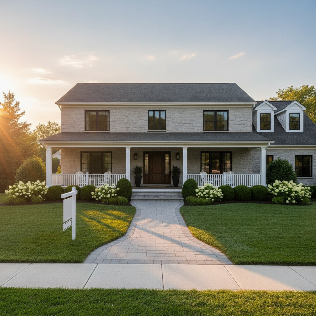 An elegant suburban two-story home in North America with light stone façade, black-framed windows, and a wide, inviting front porch, captured at golden hour. In the foreground, a pristine pathway leads from the sidewalk to the front door, flanked by manicured shrubs and a lush green lawn. A tasteful, generic “sold” style sign stands near the curb without readable text or logos, symbolizing successful buying and selling. Warm sunlight washes the scene, casting long, soft shadows and a welcoming glow. Photographic realism, slightly elevated angle, balanced composition, crisp detail, calm and aspirational mood, ideal for a professional real estate and mortgage website.