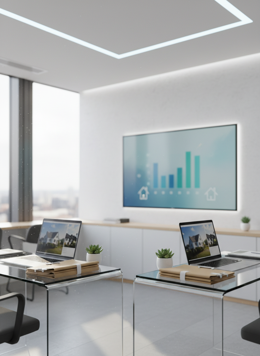 A bright, organized real estate office workspace with two minimalist glass desks facing each other, each holding neatly stacked property folders, a laptop displaying blurred listing photos, and a small potted plant. Between the desks, a large wall-mounted screen shows an out-of-focus bar graph and house icons, suggesting mortgage planning and market analysis. Natural daylight pours through a large window, complemented by cool white overhead lighting, creating a clean, focused atmosphere. Photographic realism, shot from a slightly elevated corner angle, with sharp focus on the desks and gentle background blur, conveying professionalism, precision, and trustworthiness for clients arranging property financing.