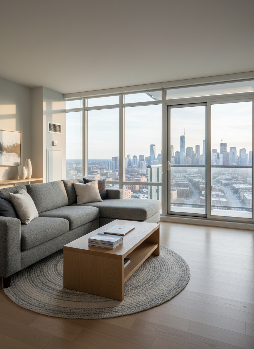 A cozy yet modern condominium interior staged for sale, featuring a neutral-toned living room with a soft gray sectional sofa, light oak coffee table, and floor-to-ceiling windows overlooking a North American cityscape. On the coffee table, a tidy stack of glossy property brochures and a closed laptop imply an ongoing buying decision without any visible text. Late afternoon daylight floods the room, creating gentle highlights on the hardwood floors and subtle reflections on the glass balcony door. Photographic realism, composed using the rule of thirds with a wide-angle lens, calm and aspirational mood, ideal for illustrating urban property options for buyers and investors.