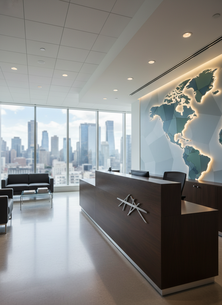 A polished, contemporary real estate brokerage reception area with a sleek dark-wood welcome desk and a tasteful metal nameplate hinting at the broker’s identity without readable text. Behind the desk, a large backlit wall display shows an abstract map of North America, subtly emphasizing US and Canada coverage. Floor-to-ceiling windows reveal a blurred city skyline. Soft, even daylight combines with warm recessed ceiling lights, creating a professional, welcoming mood. Photographic realism, shot at eye level with a wide-angle lens, sharp focus throughout, clean lines, and a modern corporate aesthetic suitable for a high-end property and mortgage advisory brand.